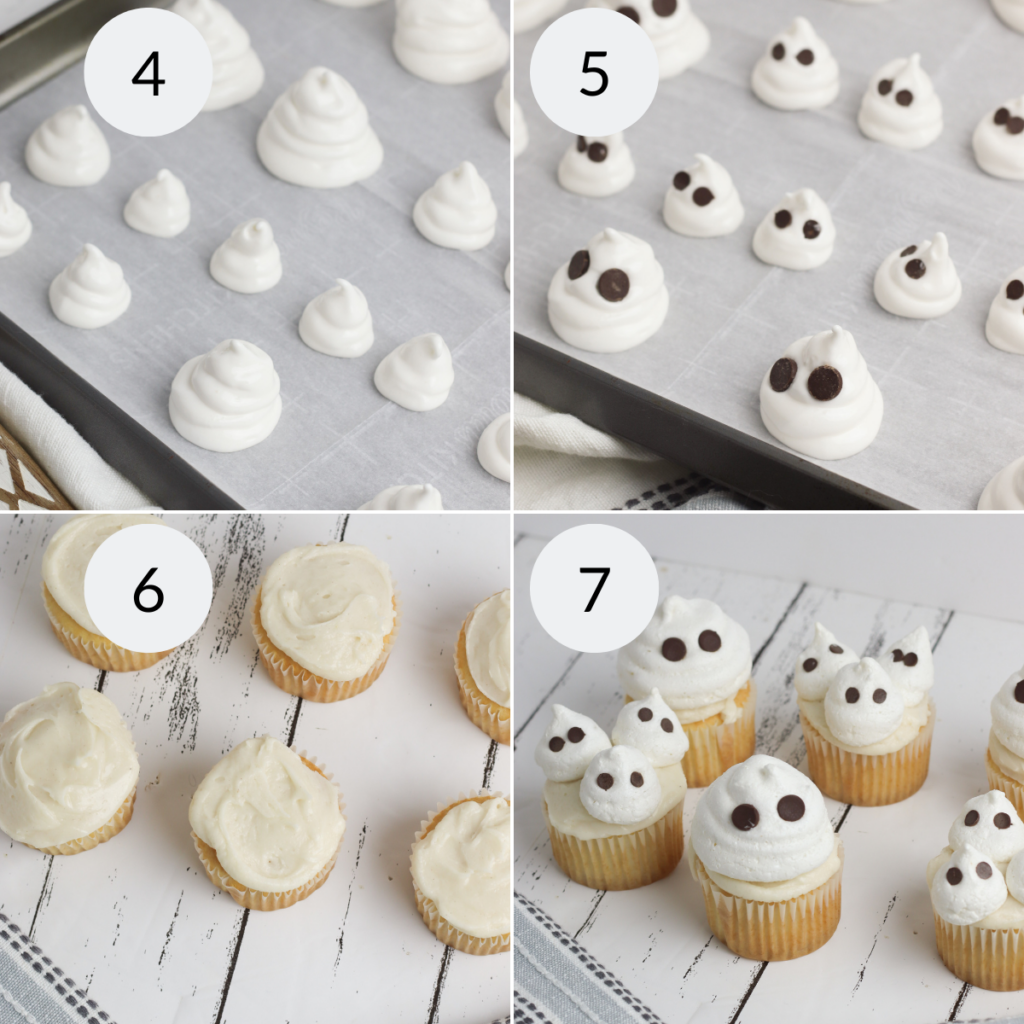 a collage of 4 images showing how to decorate the ghost cupcakes.