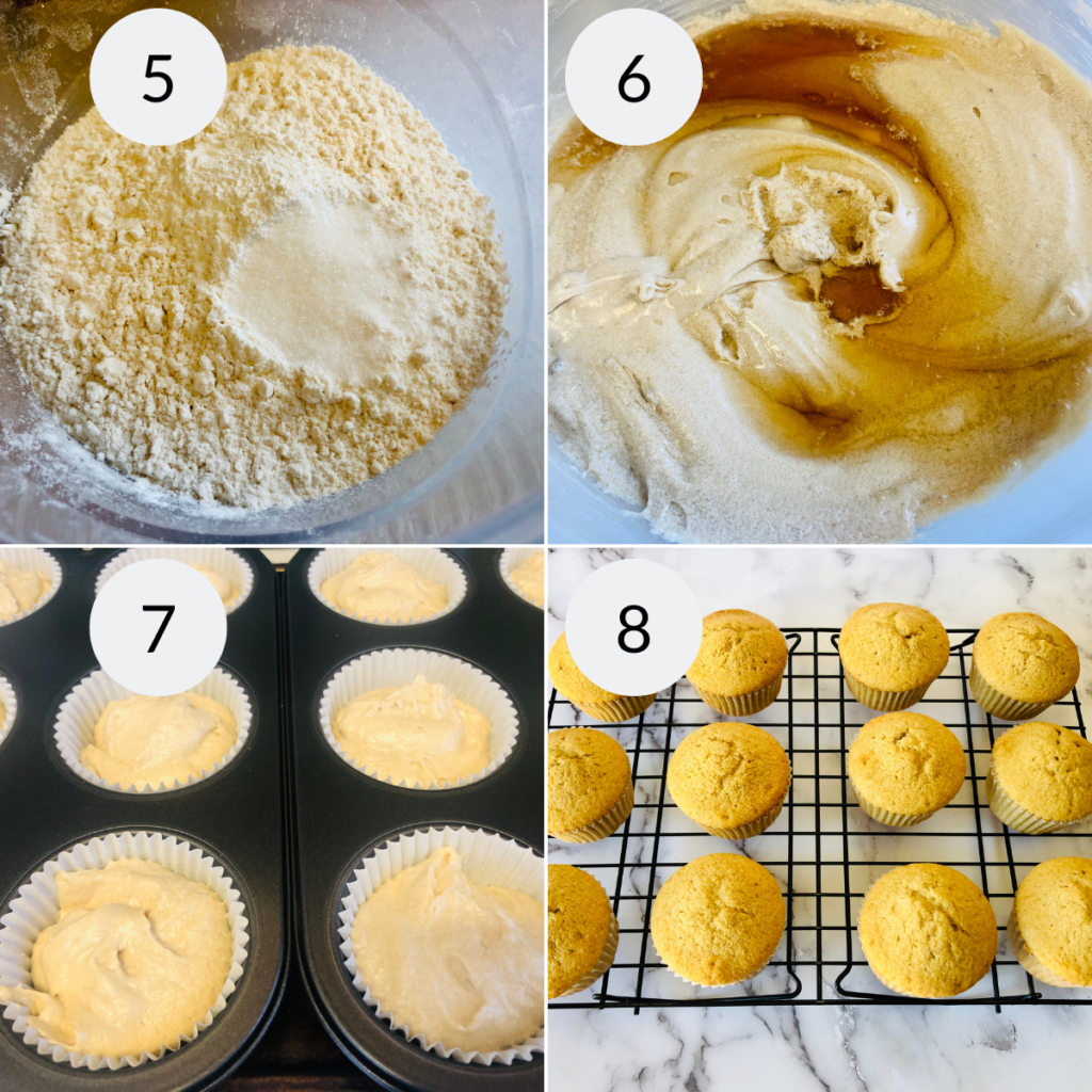 a collage of 4 images showing how to make the maple cupcakes.