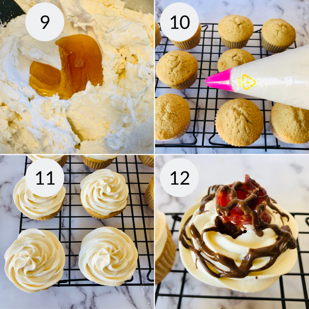 a collage of 4 images showing how to frost the bacon maple cupcakes.