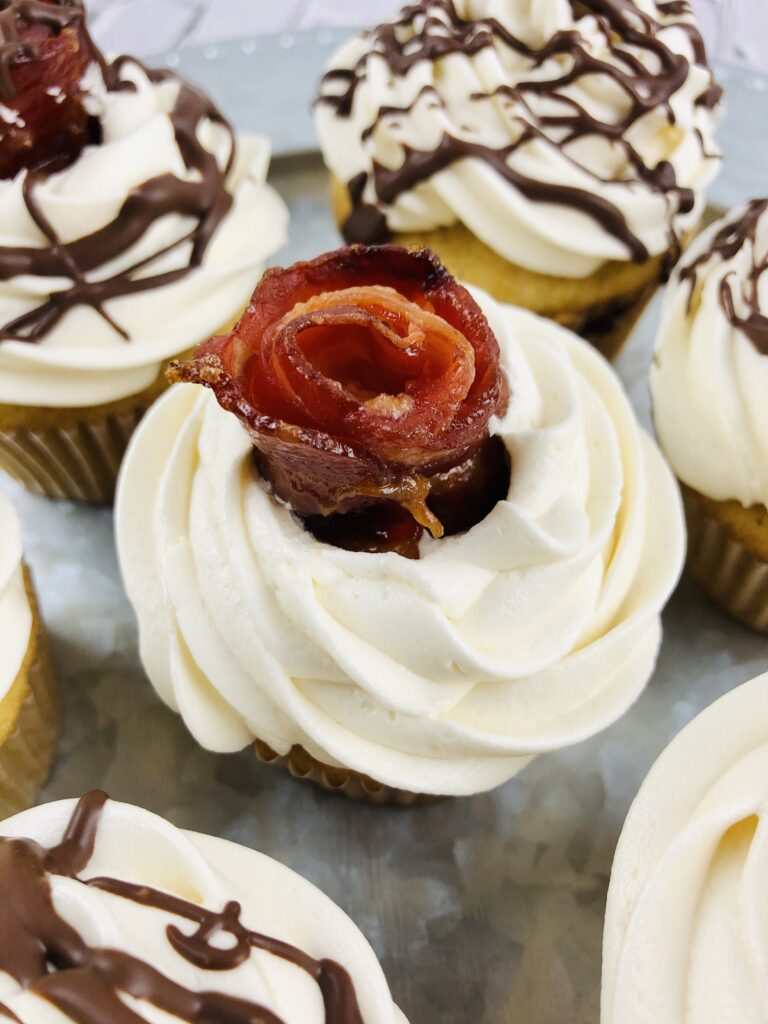 a closeup of bacon in cupcakes.
