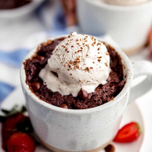 Fudgy brownie mug cake with chocolate chips and ice cream
