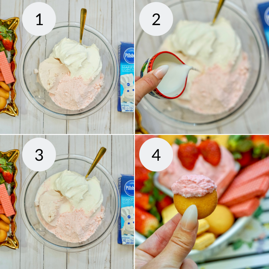 a collage of 4 images showing how to make and serve edible cake batter.