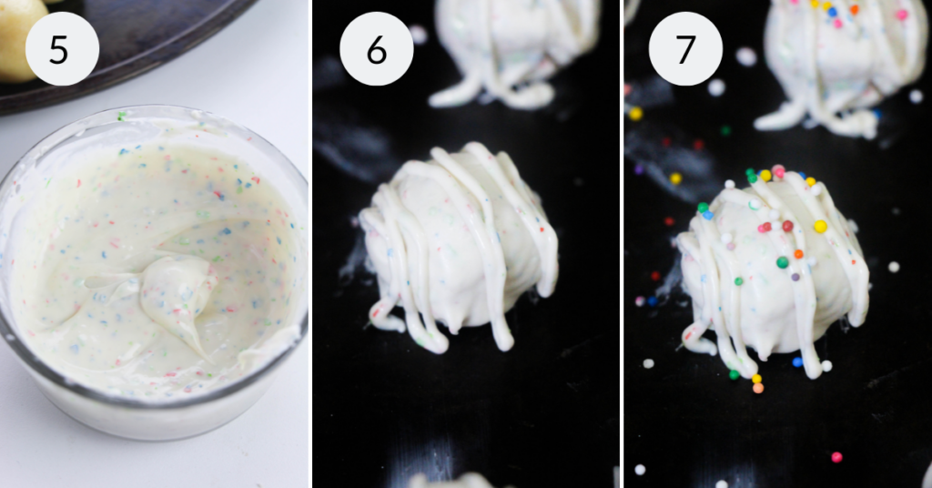 a collage of 3 images showing how to frost and decorate sugar cookie truffles.