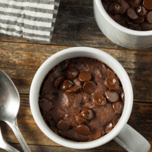 Gluten free brownie in a mug with chocolate chips