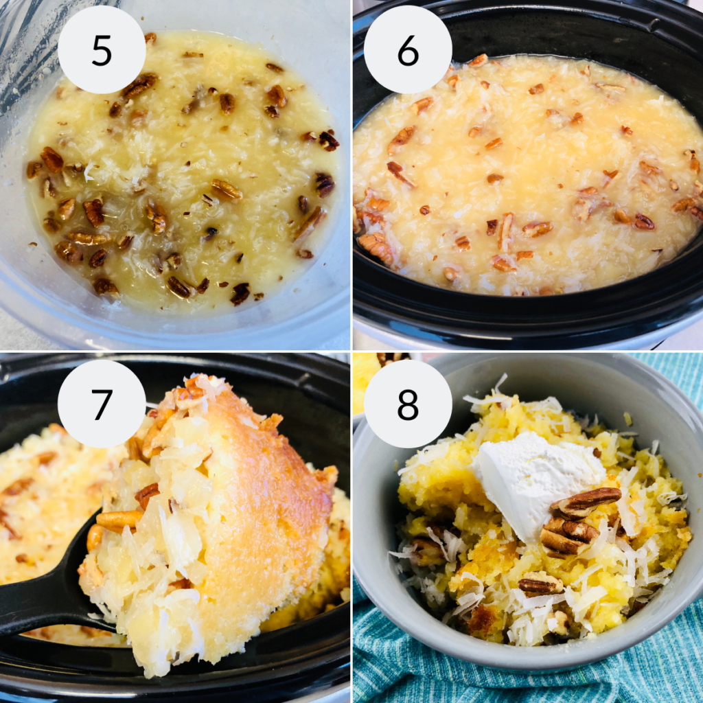 a collage of 4 images showing how to make cake mix pineapple cake in a crockpot.