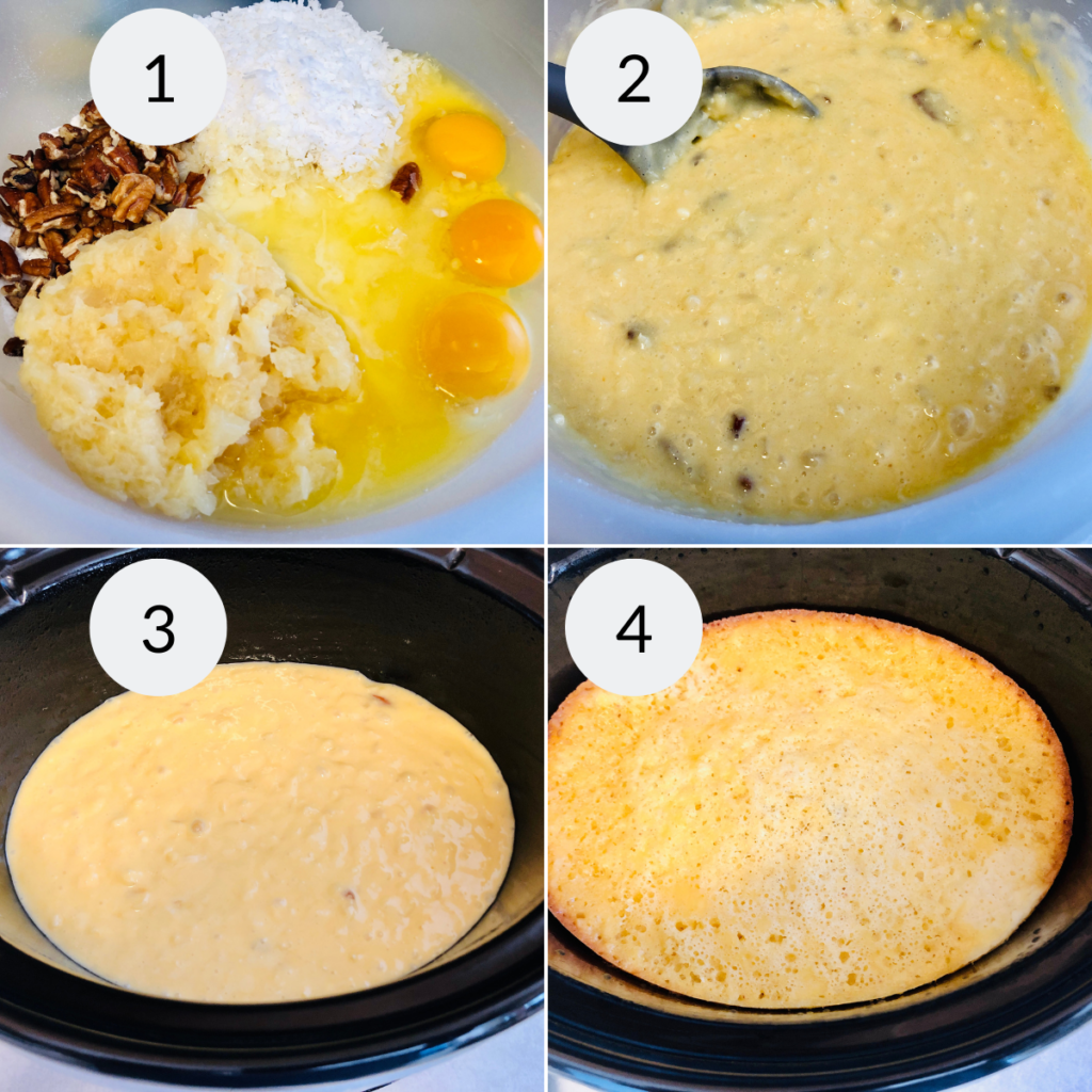 a collage of 4 images showing how to make cake mix pineapple cake in a crockpot.