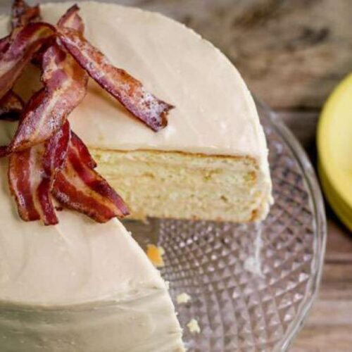Pancake cake with maple cream cheese frosting and bacon