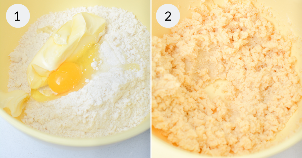 a collage of 2 images showing how to make the batter for andes candy cookies.