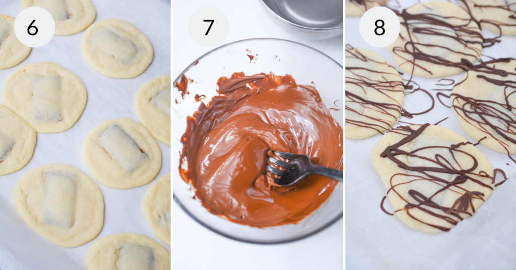 a collage of 3 images showing how to make chocolate andes mint cookies.