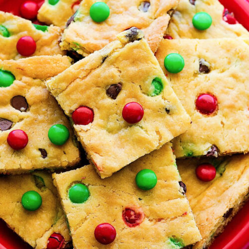 Chocolate chip cookie bars with red and green M&Ms