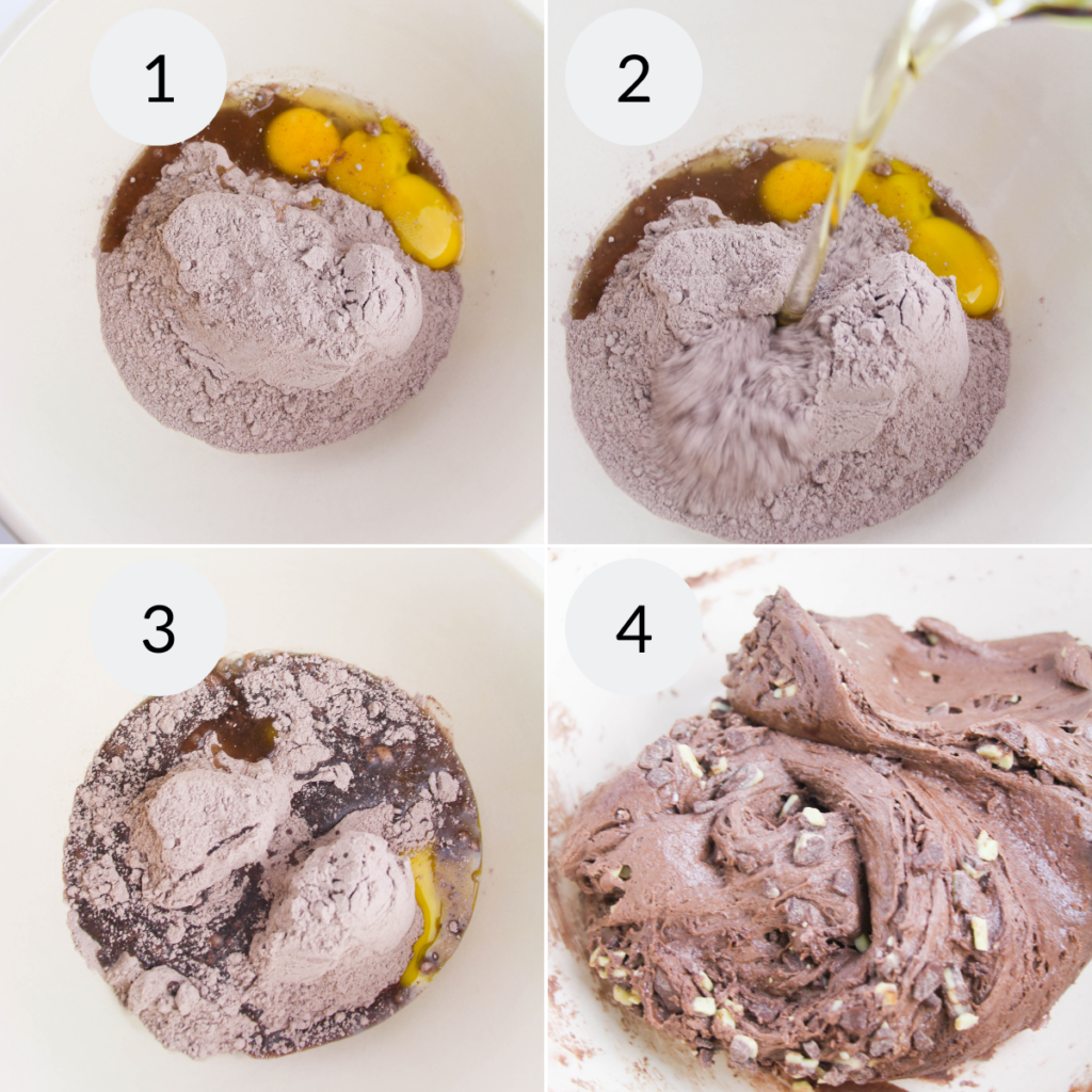 a collage of 4 images showing the steps needed to make the recipe for mint chocolate chip cookies.