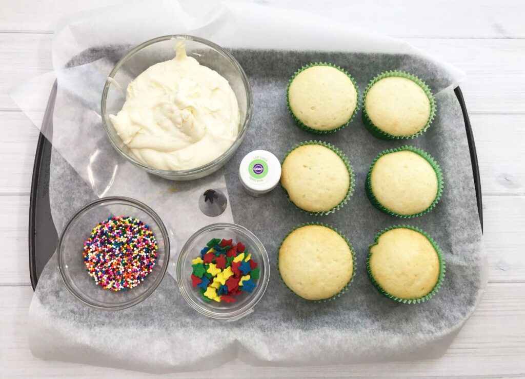 ingredients needed for easy christmas cupcakes.