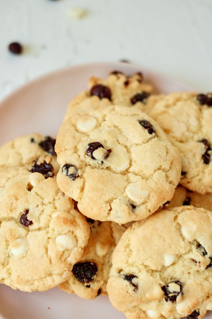 a closeup of Chocolate Chip Cranberry Cookies on a plate.