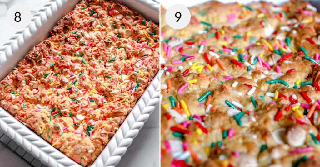 a collage of 2 images showing the baked cake mix blondies.