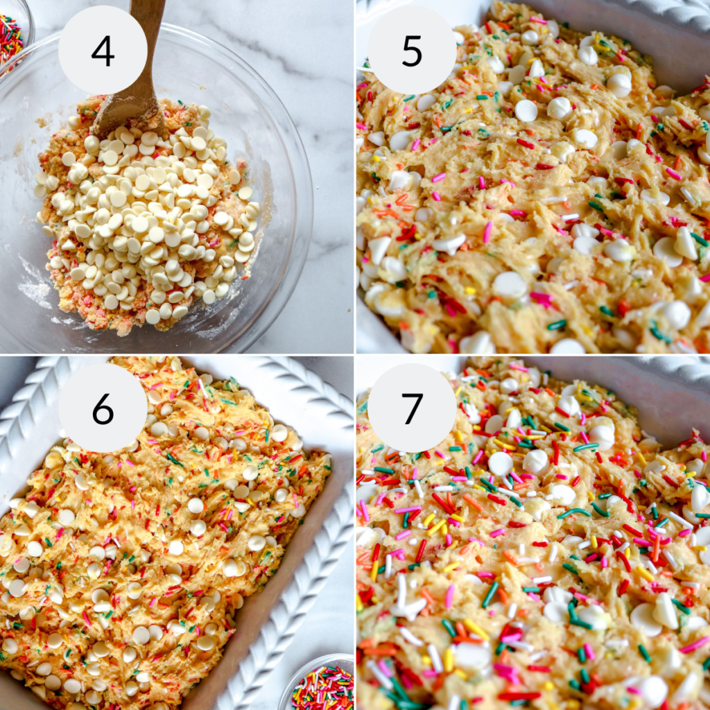 a collage of 4 images showing how to decorate funfetti blondies