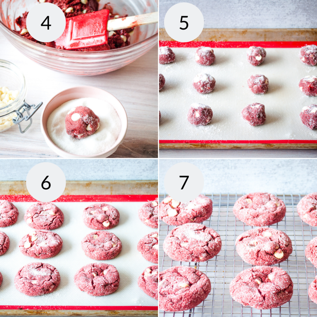 a collage of 4 images showing how to bake the Red Velvet Cake Mix Cookies 