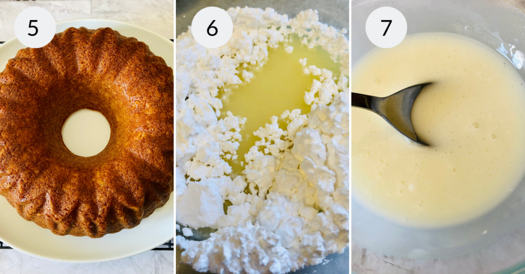 a collage of 3 images showing how to make the glaze for the moist lemon bundt cake.