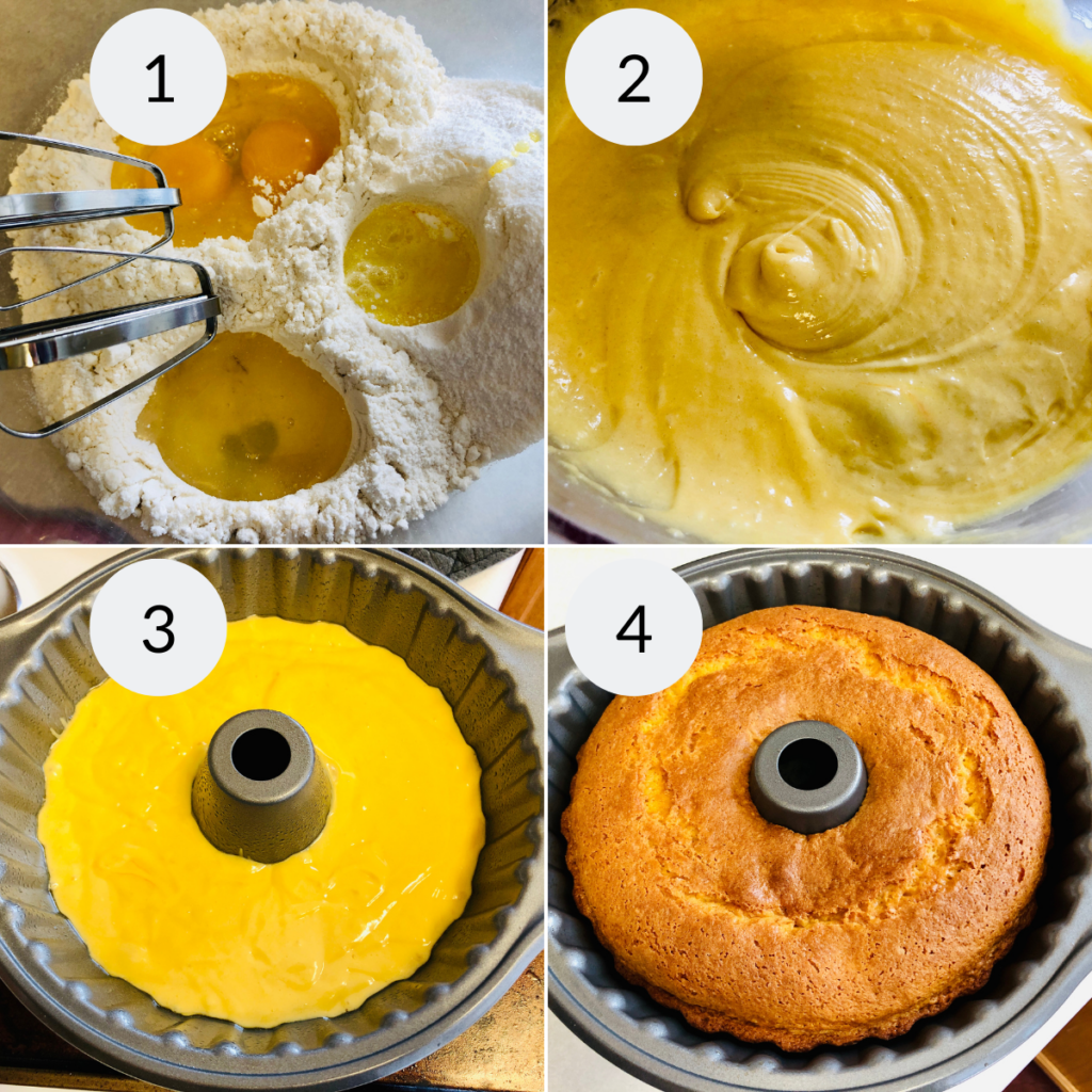 a collage of 4 images showing how to make lemon bundt cake recipes.