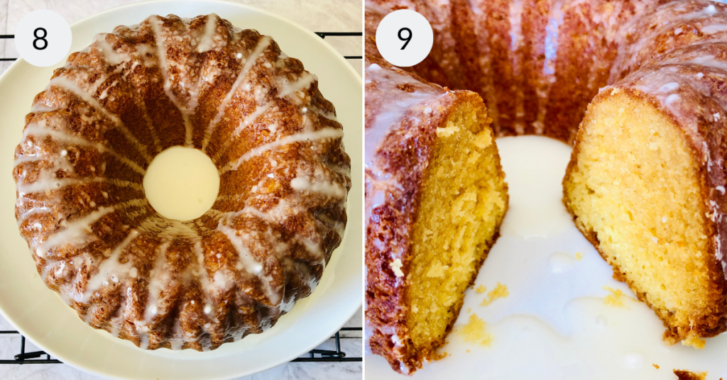 a collage of 2 images showing the whole cake and the sliced lemon bundt cake