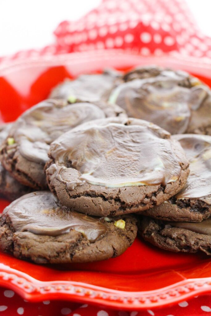 chocolate chip mint Cookies on a plate.