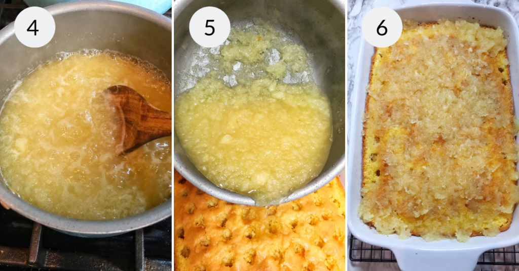 a collage of 3 images showing how to prepare the pineapple for the pineapple and coconut cake.