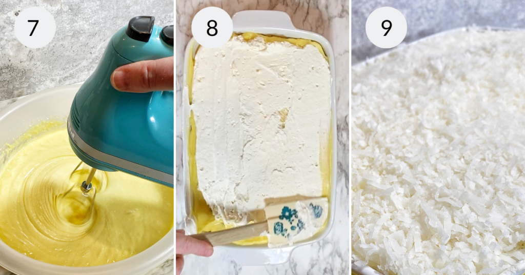 a collage of 3 images showing how to make the topping for the pineapple and coconut cake.