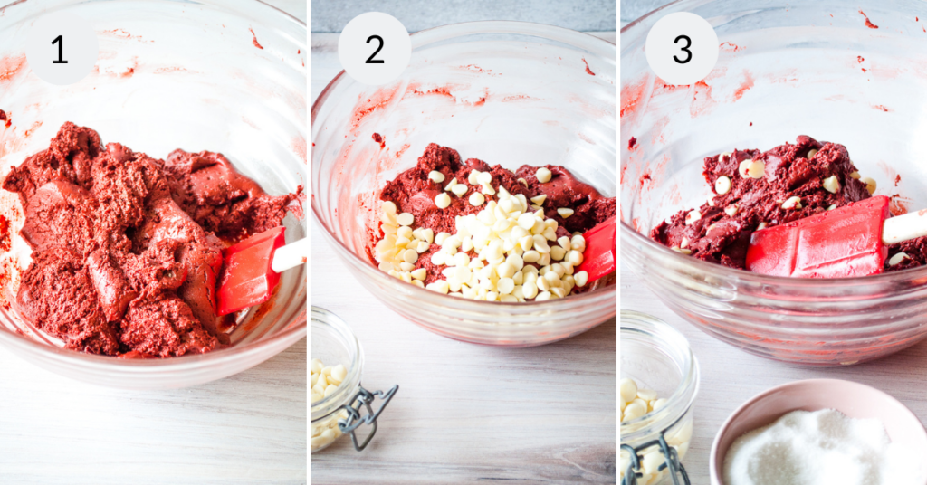 a collage of 3 images showing how to make the Red Velvet Cake Mix Cookies batter. 