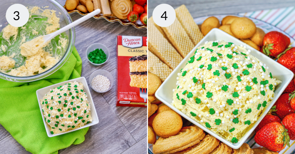a collage of 2 images showing how to decorate and serve shamrock dunkaroo dip.
