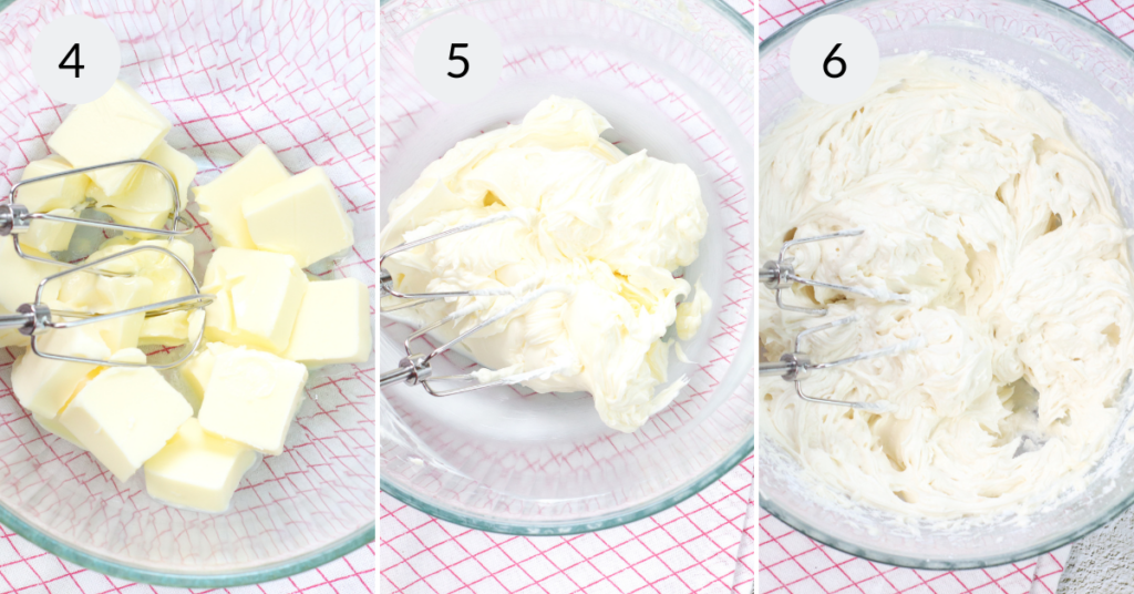 a collage of 3 images showing how to make the frosting for strawberry and cream cupcakes.