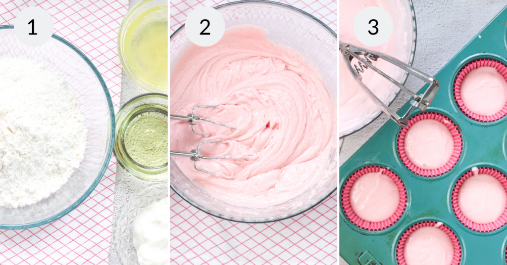 a collage of 3 images showing how to make the strawberry cupcakes with cake mix.
