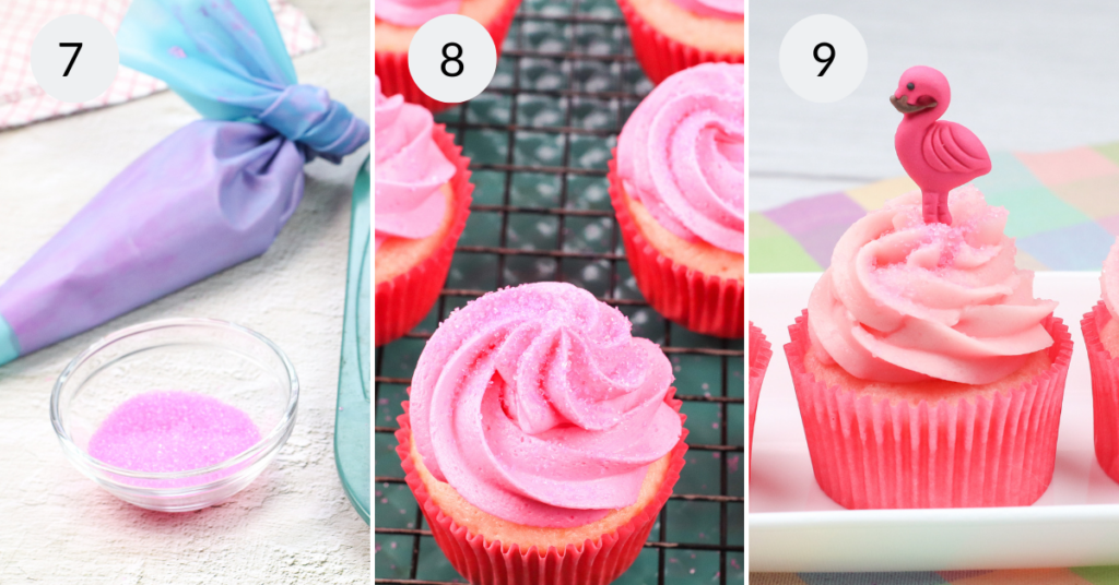 a collage of 3 images showing how to decorate the strawberry cupcakes.