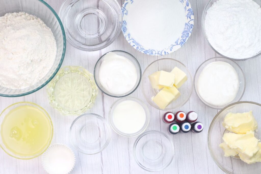 ingredients needed to make marshmallow cupcakes.