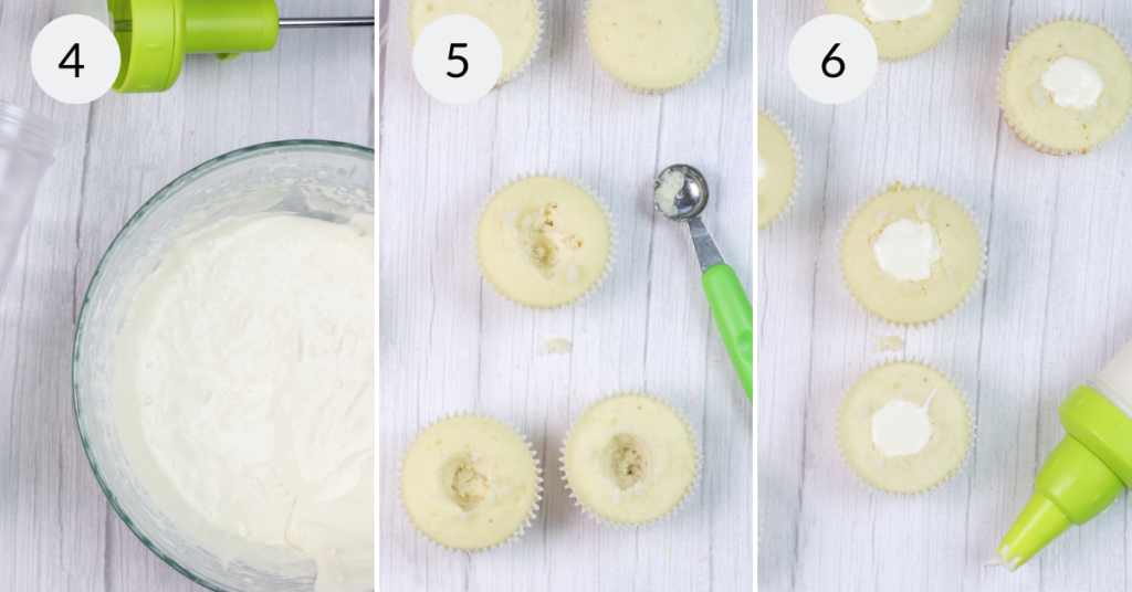 3 images showing how to make filled cupcakes.