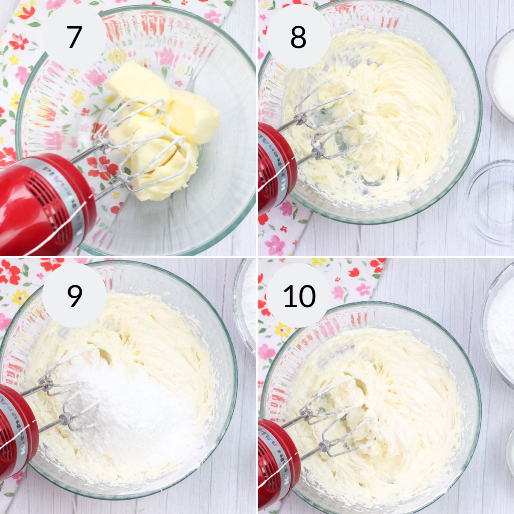 4 images showing how to make the frosting for marshmallow cupcakes.