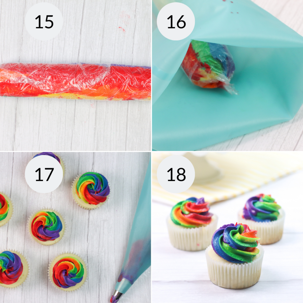 4 images showing how to frost the vanilla filled cupcakes.