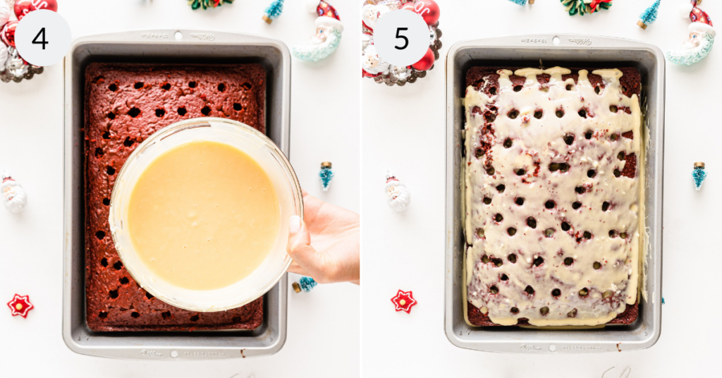 a collage of 2 images showing how to pour the milk mixture over the condensed milk poke cake.