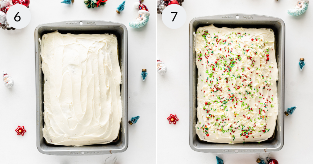 a collage of 2 images showing how to frost and decorate cakes for Christmas recipes.