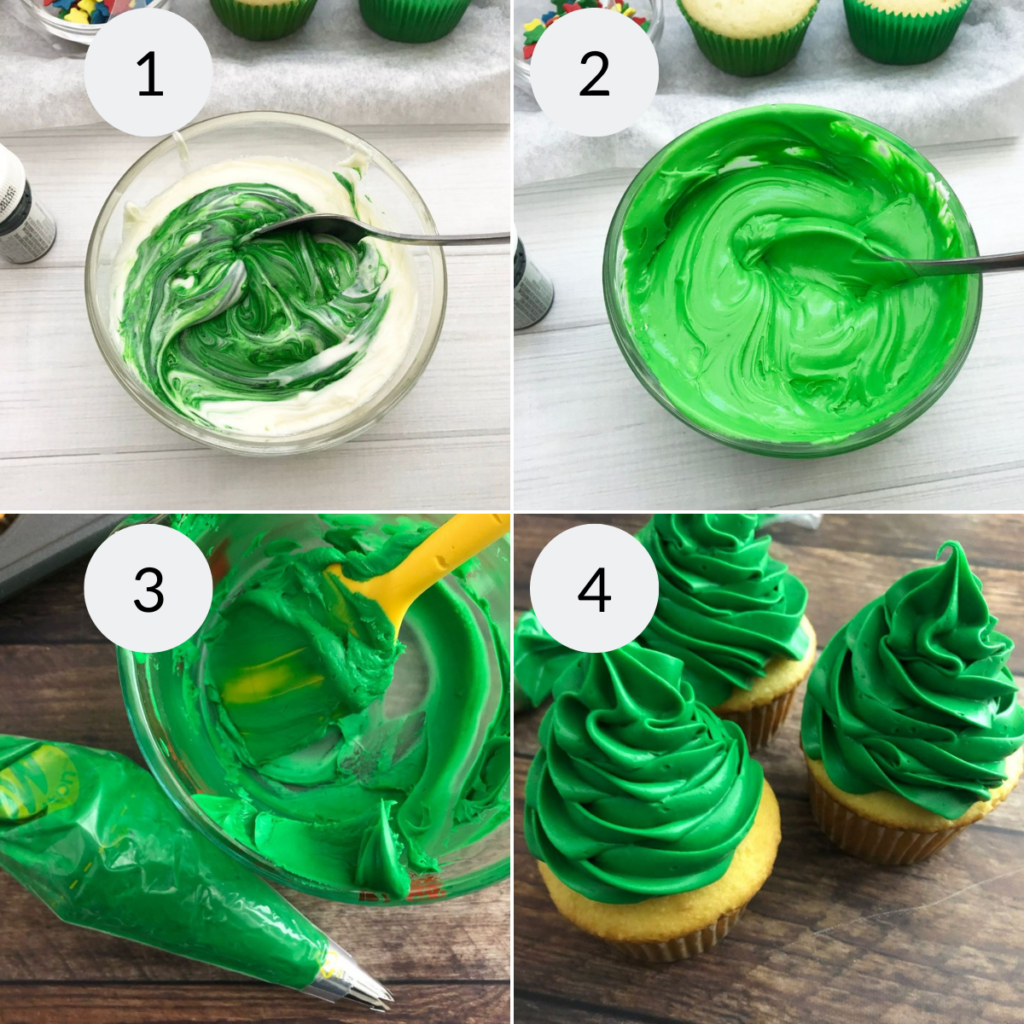 a collage of 4 images showing how to make the frosting trees on the cupcakes.