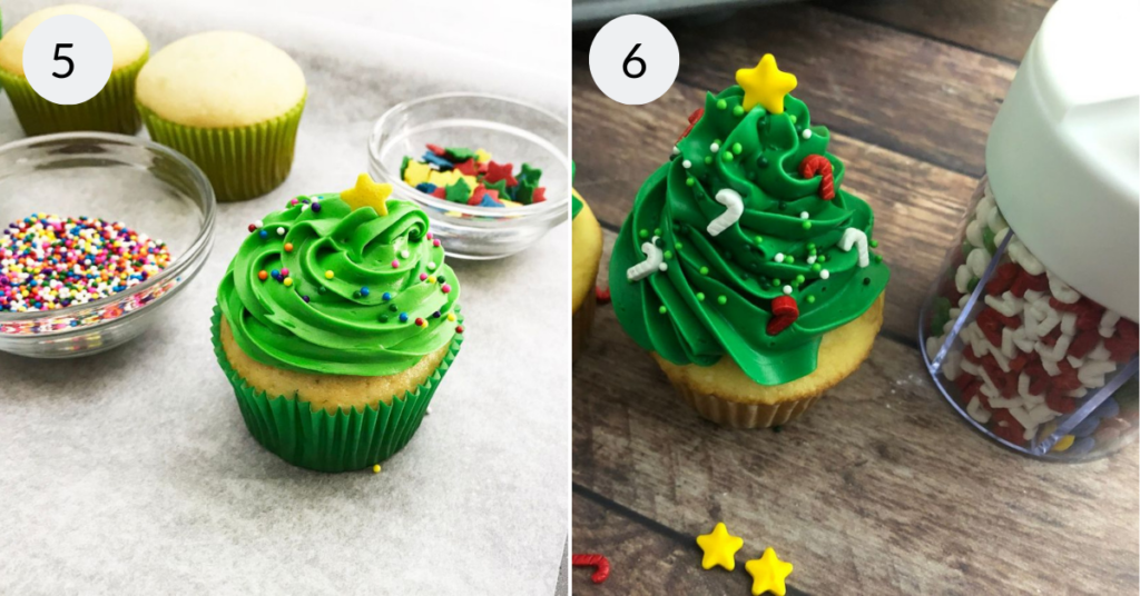 a collage of 2 images showing how to decorate the christmas tree icing.