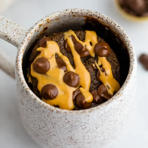 Chocolate mug cake with chocolate chips and peanut butter drizzle.