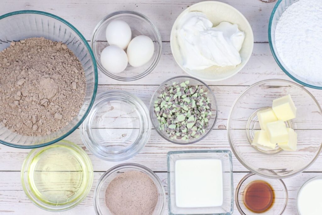 ingredients needed to make chocolate mint cupcakes.