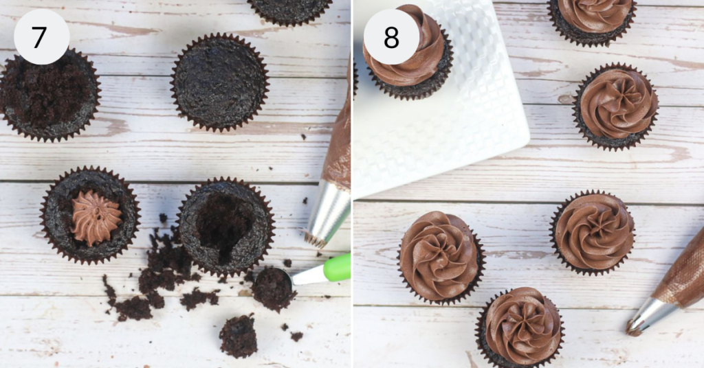 a collage of 2 images showing how to frost the mint chocolate cupcakes.