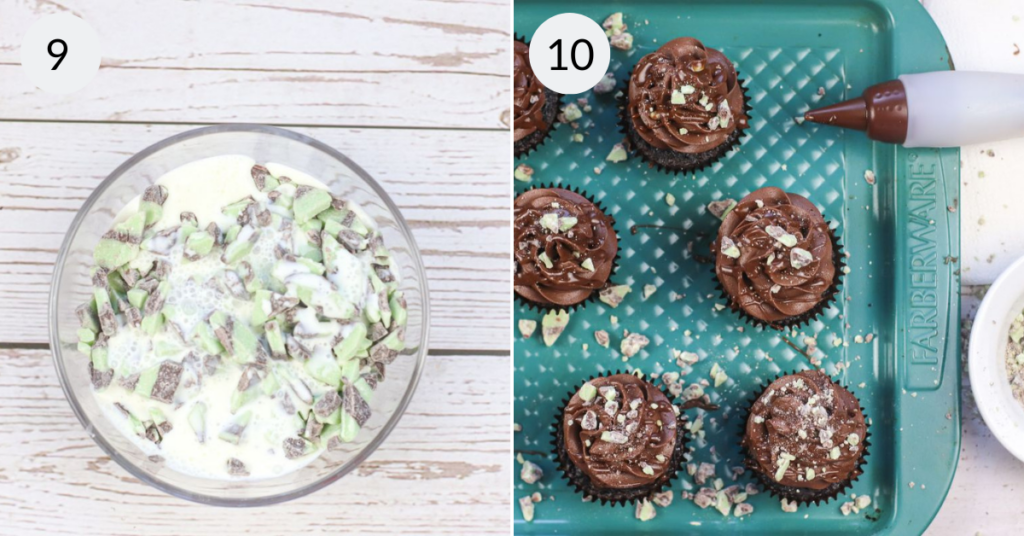 a collage of 2 images showing how to top the cupcakes with mint chocolate.