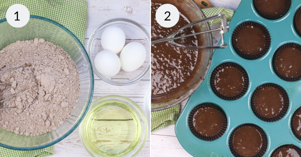 a collage of 2 images showing how to make the batter for mint chocolate cupcakes.