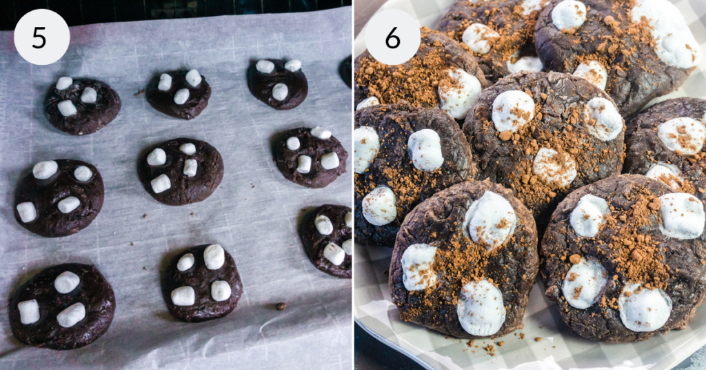 a collage of 2 images showing how to finish off the hot chocolate cookies.