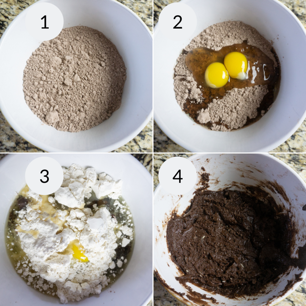 a collage of 4 images showing how to make the chocolate crinkle cookies from cake mix