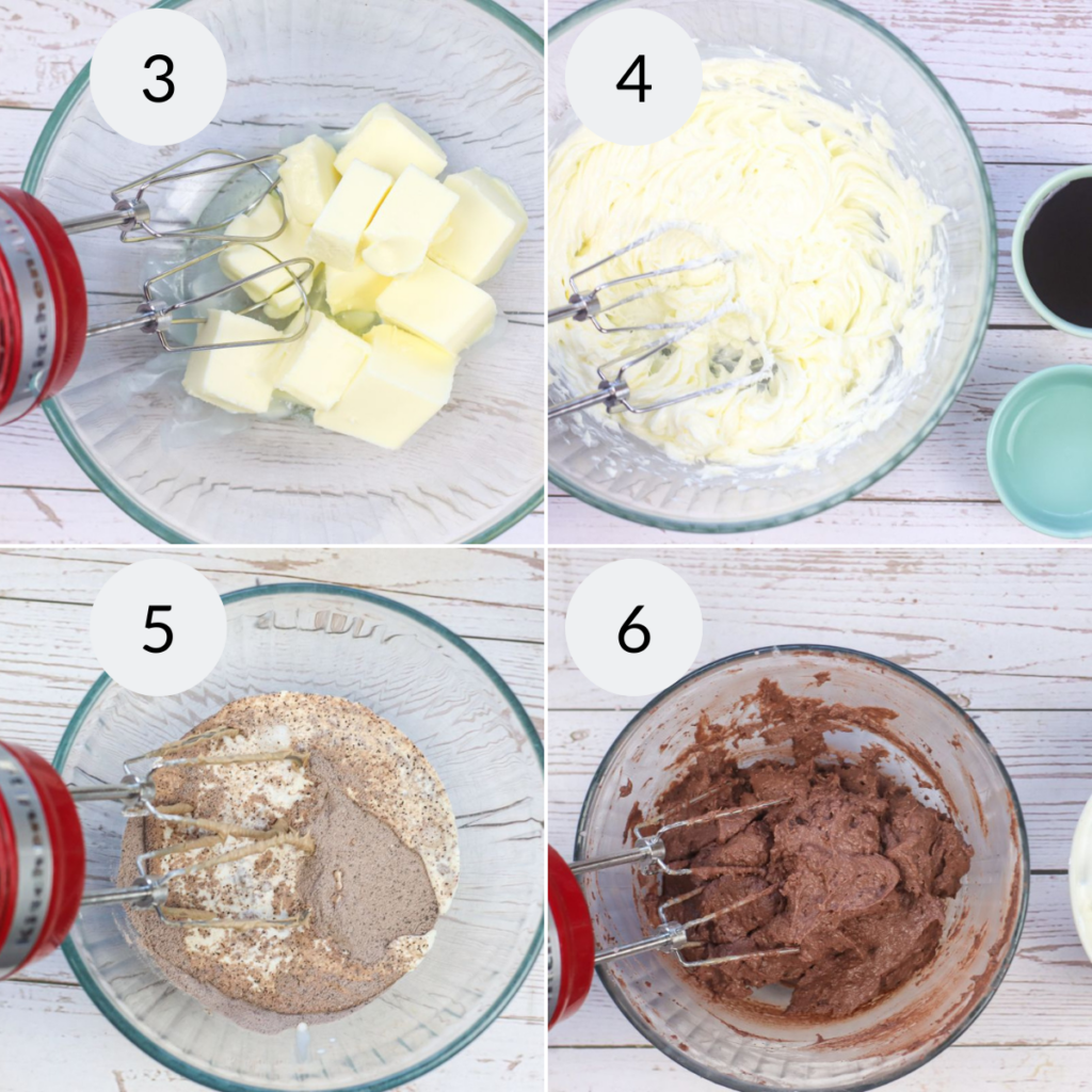 a collage of 4 images showing how to make the cupcake frosting.