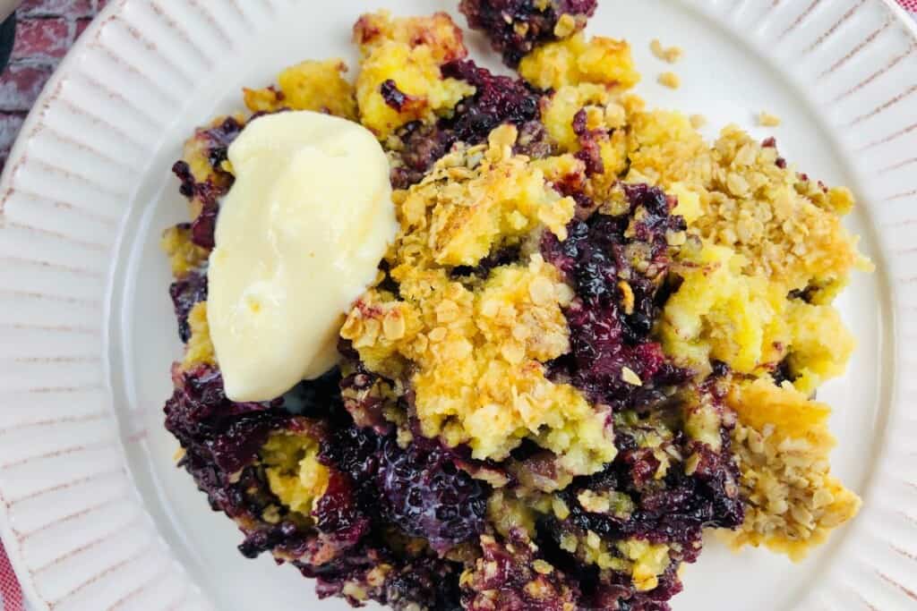 A top shot of the blackberry dump cake.