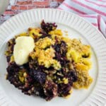 A blackberry dump cake topped with ice cream.
