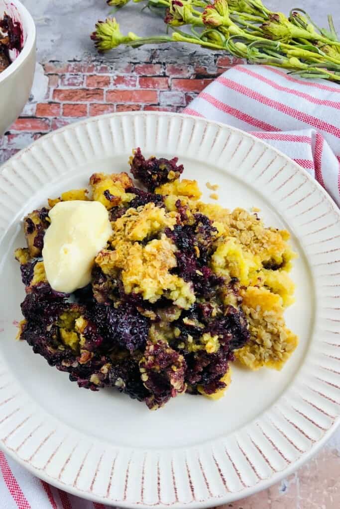 A blackberry dump cake topped with ice cream.